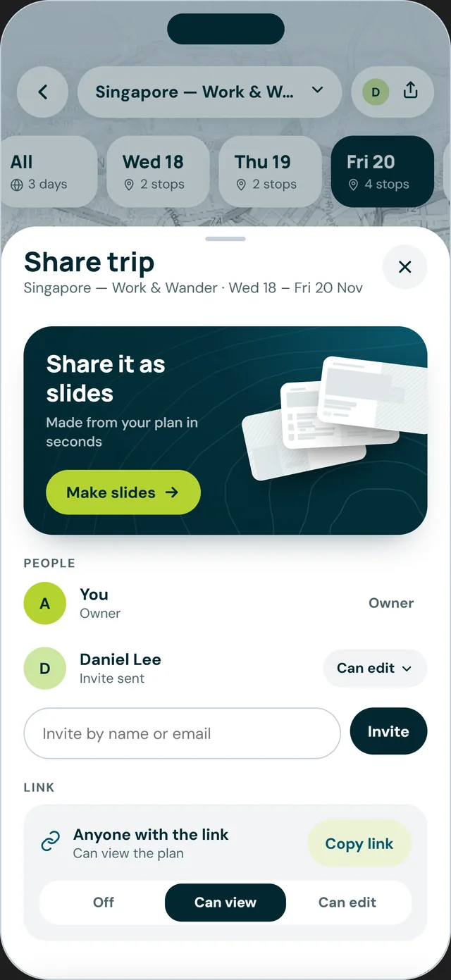 Share trip: owner, a colleague who can edit, and a view-only link